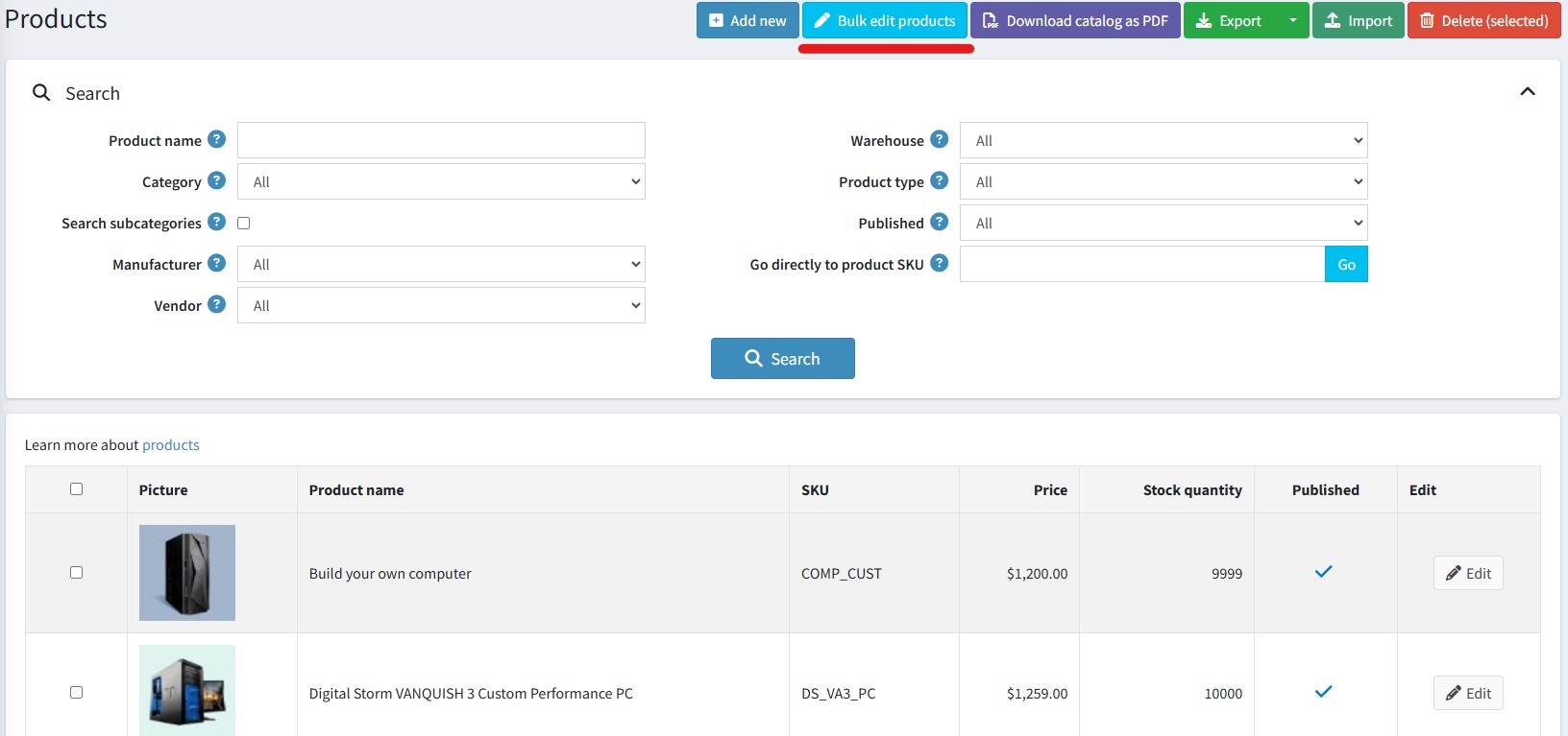 ویرایش گروهی محصولات