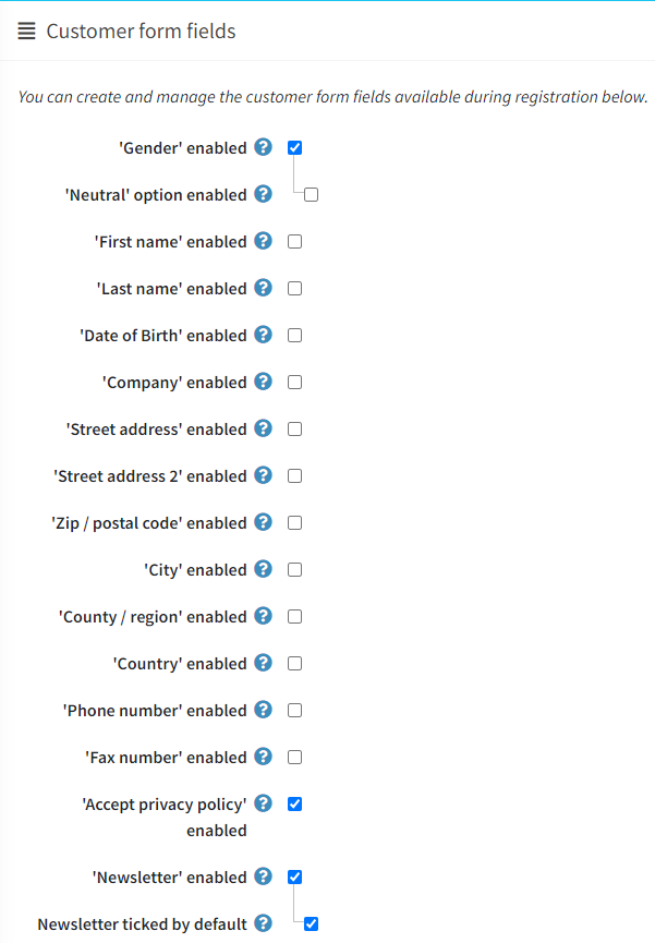 فیلدهای فرم مشتری