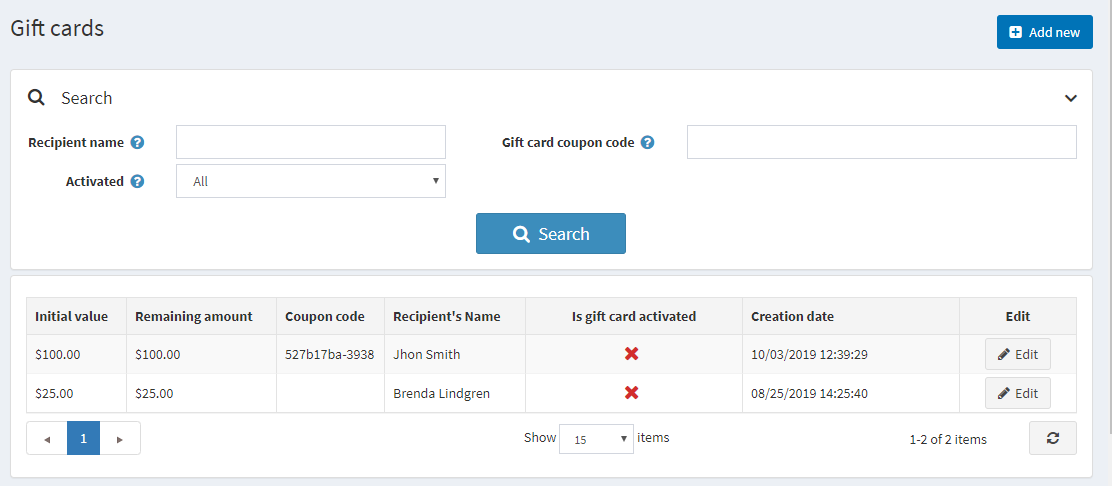 کارت هدیه nopCommerce